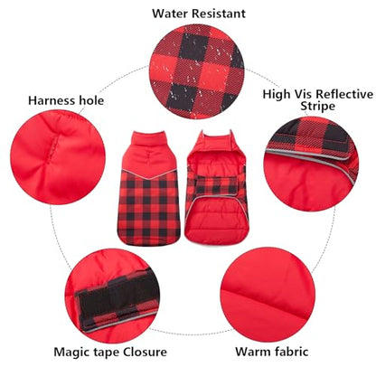 Geyecete Dog Winter Coat,Reversible Dog Coat Water Resistant British Style Plaid Dog Winter Coats Leash Hole Soft Basic Warm Dog Coat Jacket-Red-XL, X-Large - color: Red, size: X-Large