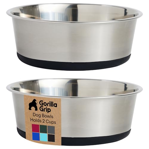 GORILLA GRIP Dog Bowls, Food Grade 304 Stainless Steel, Holds 2 Cups Each (16 fl oz) Food and Water Bowl for Feeding Dogs and Cats, Dishwasher Safe, Rust Resistant, BPA Free Rubber Base Set of 2 Black - color: Black, size: 2 Cup (16 Oz)