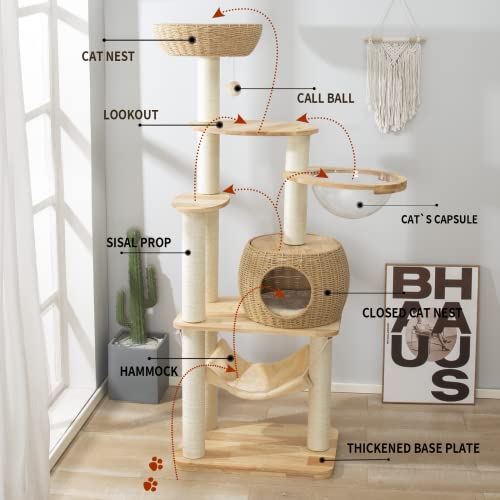 59" Big Modern Cat Tree Tower, Cat Tower Sisal-Covered Scratching Posts for Indoor Cats, Oak Wood Cat Tree for Large Cats, Multi-Level Cat Condo with Space Capsule Nest, Cat Furniture Activity Centre - color: DC888 new