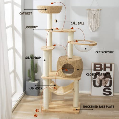 59" Big Modern Cat Tree Tower, Cat Tower Sisal-Covered Scratching Posts for Indoor Cats, Oak Wood Cat Tree for Large Cats, Multi-Level Cat Condo with Space Capsule Nest, Cat Furniture Activity Centre - color: DC888 new