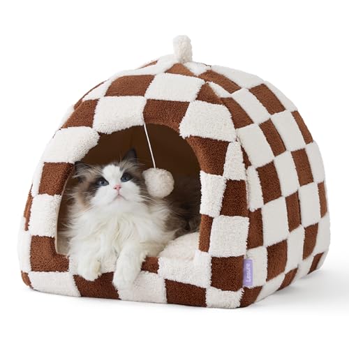Lesure Cute Cat Beds for Indoor Cats - 2 in 1 Cat Cave Bed for Large Cats, House with Removable Washable Cushioned Pillow, Cozy Tent House with Non-Slip Bottom, Brown, 17.3 inches - color: Brown, size: 17.3"L x 17.3"W x 17.3"Th