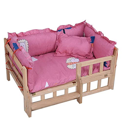 TsoLay Dog Bed Pet Dogs Bed Wooden Pet Bed Elevated Dog Bed Cats Cot with Stairs Guardrail Removable Frame Soft Washable Mattress Four Seasons Use for Dogs Pet Cat - size: 70×45cm/27×17in