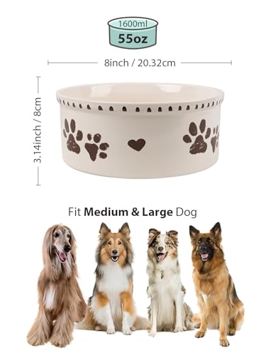 Ceramic Dog Bowl 55oz Heavy Duty Pet Food and Water Bowl for Medium Large Dogs Non Slip Weighted Dog Dish with Paw Print and Heart Design Easy to Clean - color: White-Paw