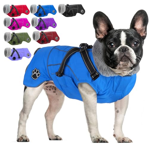 Dog Coat with Harness, Reflective Warm Dog Jacket Waterproof Puppy Winter Coat for Cold Weather, Adjustable Fleece Jacket for Small Medium Large Dogs - color: Blue, size: Medium