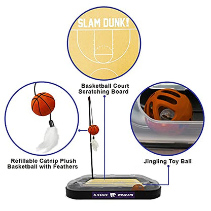 NCAA KANSAS STATE Wildcats 6-in-1 Scratcher and Wand - Basketball Court Cardboard Cat Scratcher with Catnip Plush Ball and Bell - color: Kansas State Wildcats