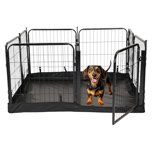 Dog Playpen w/Square Bottom Floor Cover - 24 inch, 8 Panel Portable Black Metal Pet Play Pen for Small Dogs & Puppies - Indoor/Outdoor Kennel Cage for Home, Yard, RV, or Camping - size: 24 Inch