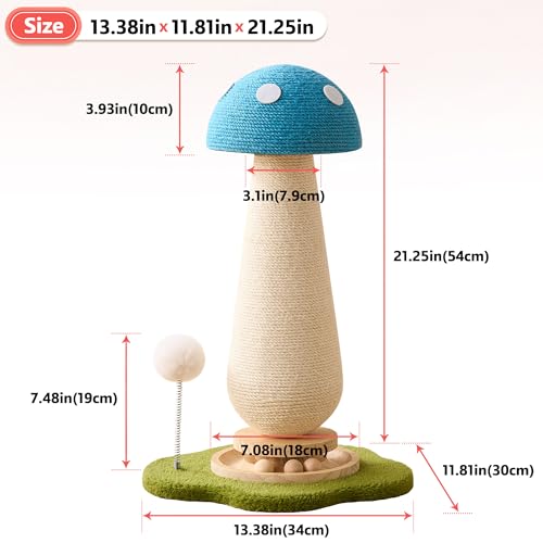 Mushroom Cat Scratching Post Cat Tree, 21.5‘’ H Cute Cat Scratcher Tower with Durable Solid Wood Turntable Toy, Mushroom Scratch Post Cat Sisal Scratcher with Catnip for Indoor Adult Cats-Blue - color: Blue Mushroom