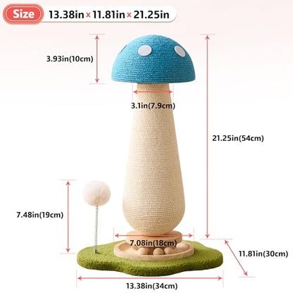 Mushroom Cat Scratching Post Cat Tree, 21.5‘’ H Cute Cat Scratcher Tower with Durable Solid Wood Turntable Toy, Mushroom Scratch Post Cat Sisal Scratcher with Catnip for Indoor Adult Cats-Blue - color: Blue Mushroom