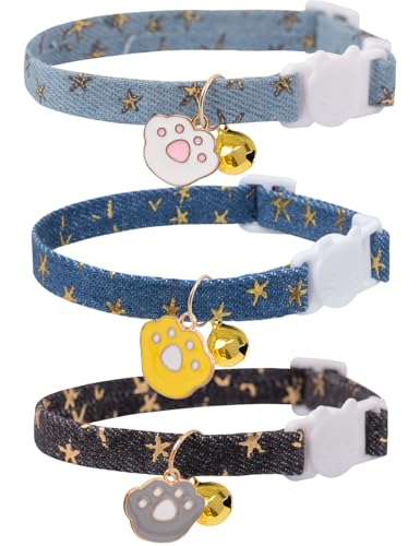 Cat Collar Breakaway with Bells,3 Pack Safety Adjustable Pet Collars,Ideal for Girl Boy Kittens. (Blue Black Starfish) - color: Blue Black Starfish