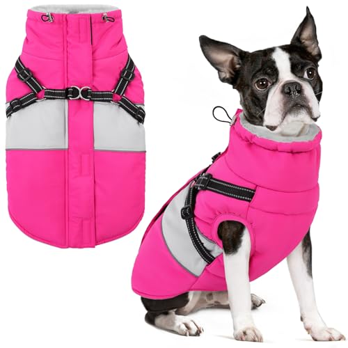 Dog Winter Coat, Waterproof Dog Coat Jacket with Harness for Medium Dogs Boys Girls, Reflective Fleece Lined Pet Snow Jacket Sweaters for Pug, Jack Russel, Boston Terrier, Hot Pink M - color: Hot Pink, size: Medium