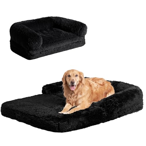 EHEYCIGA Foldable XXL Dog Bed for Large Sized Dog, 54"x38"x7.5" Faux Fur Fluffy Pet Couch Bed, Orthopedic Calming Memory Foam Big Pet Bed, Washable Pet Sofa Bed with Non-Slip Bottom, Black - color: Black, size: 54x38x7.5(Folded 38x27)