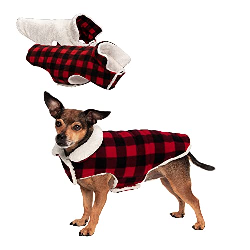 Furhaven Reversible XS Dog Coat, Washable & Insulating w/ Leash Access - Sherpa & Plaid Fleece Flex-Fit Jacket - Cream/Red, Extra Small - color: Cream/Red Plaid, size: X-Small