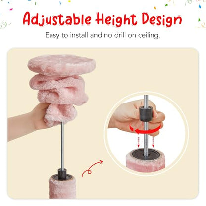 Pink Cat Tree, Floor to Ceiling Cat Tower Adjustable Height [92.9-102.4 in=235-258cm], 7 Tiers Cat Climbing Play House with Scratching Post, Cozy Condo & Hammocks for Indoor Cats - color: Pink