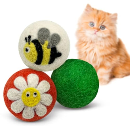 Hustle & Blush Love Ewe Felted Cat Toys 3 Pack - 2 Inch Flower & Bee Hand Made Cute & Fun Design Kitten Wool Felt Balls for Indoor Play & Exercise - 100% New Zealand Handmade Felted Balls - color: Flower/Bee