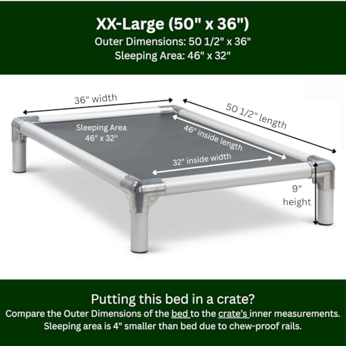 Kuranda Chewproof Elevated Dog Bed - Silver Aluminum - 50" x 36" - Heavy Duty Vinyl - Smoke - color: Smoke, size: XX-Large