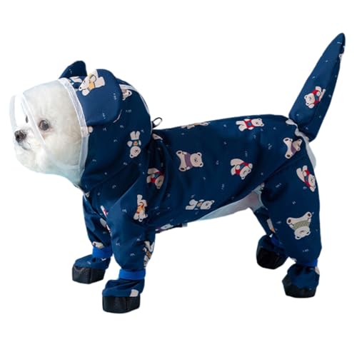 Junchl Small Dog Raincoat Rainboots with D-Ring, Full Coverage Dog Rain Jacket Slicker Poncho, Waterproof Dog Rain Jacket with Reflective Strip, Rainboot, Tail Cover Blue Bear XS - color: Blue Bear, size: XS:Back 8"(1-2lb)