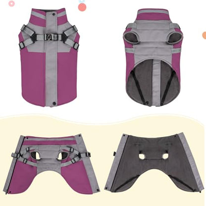 Cozy Dog Jacket, Padded Fleece Dog Vest with Built-in Harness, 100% Waterproof Reflective Snow Pet Coat Clothes with Zipper, Purple, S-XL - color: Purple, size: Small