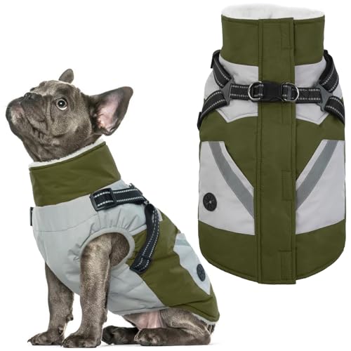 IECOii Dog Coat with Harness Built in - Green, Large - Waterproof Winter Coat, Fleece Lined Snow Jacket for Dogs - color: Army Green, size: Large(Chest:24.4 in)