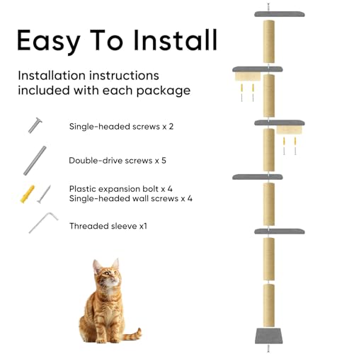 80" Floor to Ceiling Cat Tower, 5-Tier Wall-Mounted Cat Tree with Sisal Scratching Posts, Space-Saving Vertical Cat Furniture for Climbing & Lounging, Indoor Cat Playground, Dark Grey