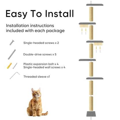 80" Floor to Ceiling Cat Tower, 5-Tier Wall-Mounted Cat Tree with Sisal Scratching Posts, Space-Saving Vertical Cat Furniture for Climbing & Lounging, Indoor Cat Playground, Dark Grey