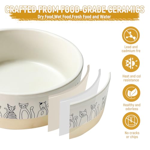 Elevated Ceramic Cat Bowls with Wooden Stand，6.1inch Raised Cat Bowls with Cute Pattern for Small and Medium Breed Dogs,2 Pack Cats Food and Water Bowl Set,Weighted Pet Dishes Dishwasher Safe - size: 2 pack bowl with stand