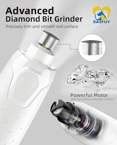 Casfuy Dog Nail Grinder Quiet - (45db) 6-Speed Pet Nail Grinder with 2 LED Lights for Large Medium Small Puppy Dogs/Cats, Professional 3 Ports Rechargeable Electric Dog Nail Trimmer with Dust Cap - color: White