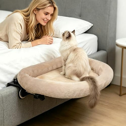 IPOW Heavy Duty Steel Frame 180°Rotating Cat Bedside Bed Semi-Circular Cat Bed for Bedside, Soft Faux Rabbit Fur Material, Suitable for Various Desktops-Maximum Hold Up to 40lb - color: brown
