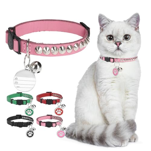 Leather Personalized Breakaway Cat Collar with Studded Bell and Safety Quick Release Buckle - Rivets Studded ID DIY Collars for Boy Girl Cats Kittens, 9" - 11.5" Pink - color: Pink, size: 9"-11.5"