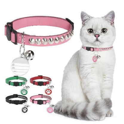 Leather Personalized Breakaway Cat Collar with Studded Bell and Safety Quick Release Buckle - Rivets Studded ID DIY Collars for Boy Girl Cats Kittens, 9" - 11.5" Pink - color: Pink, size: 9"-11.5"