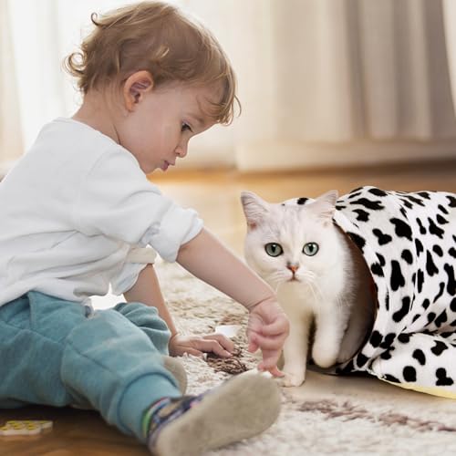 Spardar Bunny Tunnel Bed, 2-in-1 Collapsible Tunnel Tubes Toys, Washable, with Removable Mat Hideout, Interactive Toys for Rabbits Chinchilla Hedgehog Guinea Pigs Kitty, Cow - color: Cow