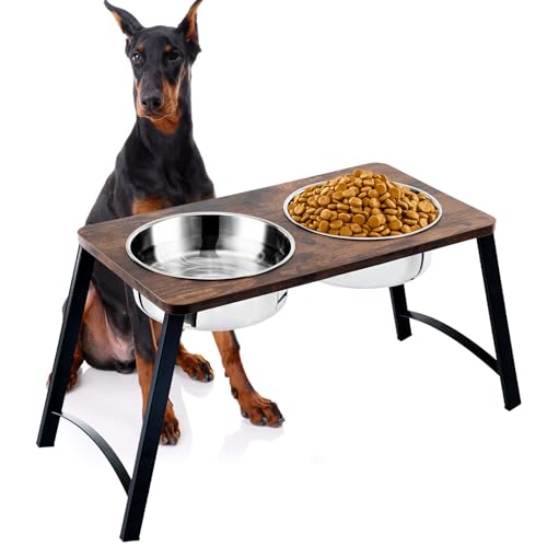 Elevated Dog Bowls for Medium and Large Dogs Wood Raised Bowl Stand with Two 1700ML (58oz) Stainless Steel Dog Food and Water Bowls,Non-Slip - color: Black&brown-Medium&Large