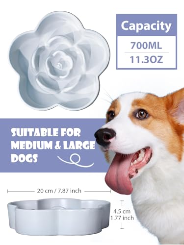 Ceramic Slow Feeder Dog Bowl, Anti-Choking Slow Food Bowls, 8" 11.3oz Slow Feeder for Medium, Large Breeds, Plum Puzzle Design, Non-Slip Silicone, Dishwasher and Microwave Safe, Blue - color: Blue