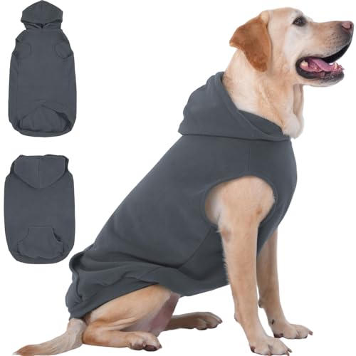 IECOii XXL Dog Hoodie for Large Dogs, Fleece Dog Sweatshirt for Large Breed Male Female Dogs,Pet Pouch Hoodie Winter Sweater Coat with Leash Hole, Warm & Lightweight Outfit for Pitbull, Grey, 2XL - color: Grey, size: XX-Large