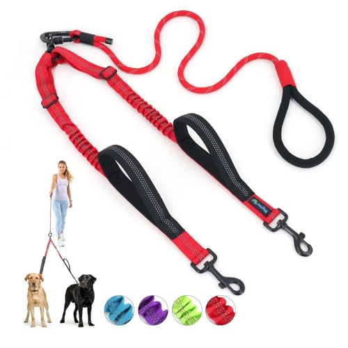 Double Dog Leash No Tangle – Dual Dog Leash for 2 Dogs with Shock Absorbing Bungee, 360° Swivel, Reflective Safety, Heavy Duty for Medium & Large Dogs (Carnation Red) - color: Carnation Red
