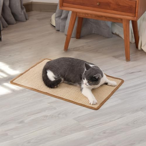 FUKUMARU Cat Scratcher Mat, 23.6 X 15.7 Inch Natural Sisal Cat Scratch Mats, Horizontal Cat Floor Scratching Pad Rug with Sticky Tapes, Protect Sofa and Carpet - color: Beige-23.6 x 15.7 Inch