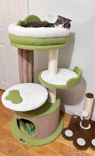 KAMABOKO 42.5" Cute Cat Tree, Green Cat Tree for Indoor Cats, Aesthetic Cat Tower with Teddy Fleece, Cats Condo, Unique Cat Furniture for Small Space - Perfect for Your Feline Pal - size: 42.5''H