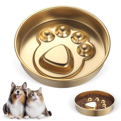 Golden Stainless Steel Slow Feeder Dog Bowls – Non-Slip Metal Dog Bowl for Large & Medium Breeds, Puppy Puzzle Feeder – 2 Cup Capacity for Small to Big Pets – Durable Slow Feed Dog & Cat Food Dish - color: Paw-Golden