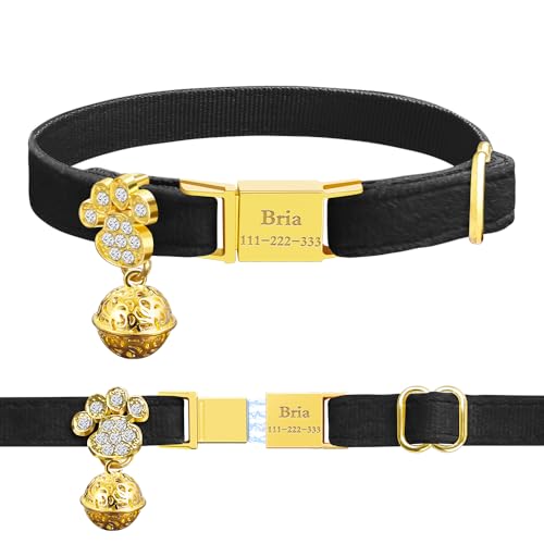 Personalized Breakaway Cat Collars - Magnetic Buckle, Bell - Safety Quick Release, Customized for Girls & Boys Cats- (Velvet-Black) - color: Velvet-Black