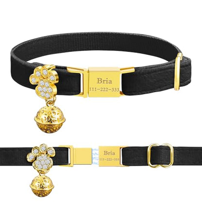 Personalized Breakaway Cat Collars - Magnetic Buckle, Bell - Safety Quick Release, Customized for Girls & Boys Cats- (Velvet-Black) - color: Velvet-Black
