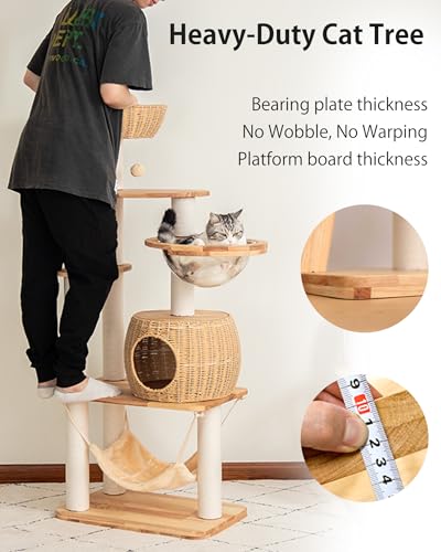 Wood Cat Tree for Large Cat, 57-Inch Tall Cat Tower with Scratching Post for Indoor Cats, Multi-Level Cat Condo with Hand-Woven Cat Bed and Hammock Acrylic Bowl Easy to Clean (DC888) - color: Nature DC888