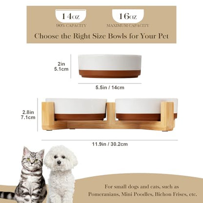 MALACASA Ceramic Dog Bowls Small Size Dog with Wood Stand, 1.5-Cup Ceramic Puppy Bowls for Cats & Small Dogs, Dual Food and Water Bowls with Weighted Non-Slip Base, Glaze Matte,14 Oz - color: Vanilla White（2 PCS with Stand）, size: S-1.5 Cups
