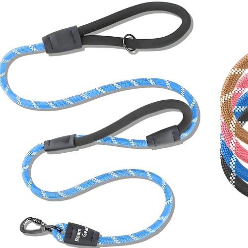 6 Foot Dog Leash, Two Extra Padded Handles, Locking Carabiner Clip, Reflective for Night Visibility, Weatherproof, Heavy Duty Rope Leash, Roam Gear (Blue) - color: Blue
