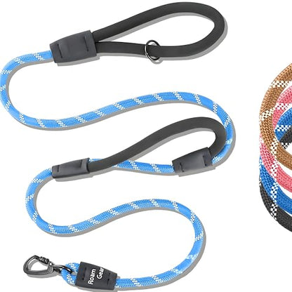 6 Foot Dog Leash, Two Extra Padded Handles, Locking Carabiner Clip, Reflective for Night Visibility, Weatherproof, Heavy Duty Rope Leash, Roam Gear (Blue) - color: Blue
