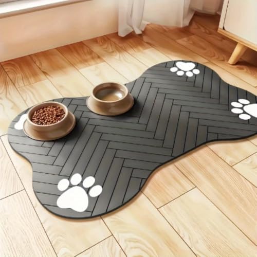 Dog Feeding Mats, Bone-Shaped Feeding pad, Absorbent Dog Mat for Food and Water Bowls, Easy Clean Silicone Mat for Food Bowls & Litter Areas | Cat Litter Mat | Ideal for Dog and Cat Owners - color: Dark grey dog claws, size: 17" x 29"