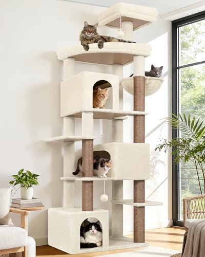 Globlazer Extra Large Cat Tree Tower for Indoor Cats Large Adult, 80in Tall Heavy Duty Cat Tree with 3 Spacious Cat Condos, Oversized Fan-Shaped Perch, 6 Full Sisal Scratching Posts, S80, Beige - color: Beige