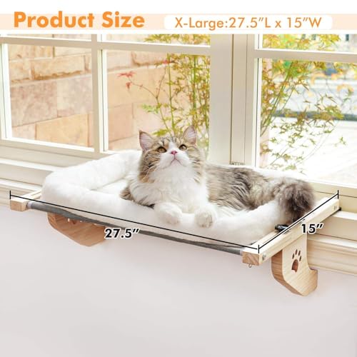 Cat Sill Window Perch Sturdy Hammock Window Seat with Cushion Bed Cover, Wood & Metal Frame for Large Cats, Easy to Adjust Cat Bed for Windowsill, Bedside, Drawer and Cabinet (M)