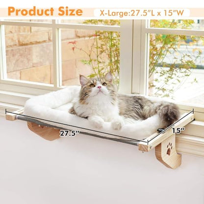 Cat Sill Window Perch Sturdy Hammock Window Seat with Cushion Bed Cover, Wood & Metal Frame for Large Cats, Easy to Adjust Cat Bed for Windowsill, Bedside, Drawer and Cabinet (M)