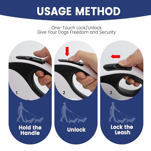 Dual Retractable Dog Leash for 2 Medium Dogs (Up to 66LBS Each) - Double Headed Pet Leash with Poop Bags and LED Light, One Button Brake & Lock, 360 Tangle-Free (White, Medium) - color: WHITE, size: Medium