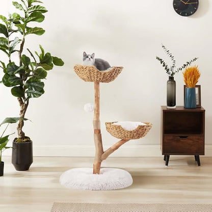 unipaws Wood Cat Tree Tower for Large Cats 20lbs, Updated Enlarge 24" Base with Dual Woven Baskets, 41" H Cat Activity Tree with Plush Cushions and Scratching Post - size: 2 baskets