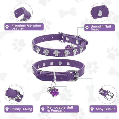 SCENEREAL Cat Collar with Bells, Leather Cat Collars with Paw Studded, Adjustable Pet Collars for Boy Girl Cats,Soft Cute Cat Collar for Kitty Puppy Small Big Cats, Purple - color: Purple